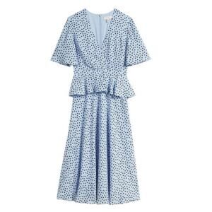 Ted Baker Mabbel Dotty Peplum Tea Dress Blue Polka Dot Midi Short Sleeve Sz 3